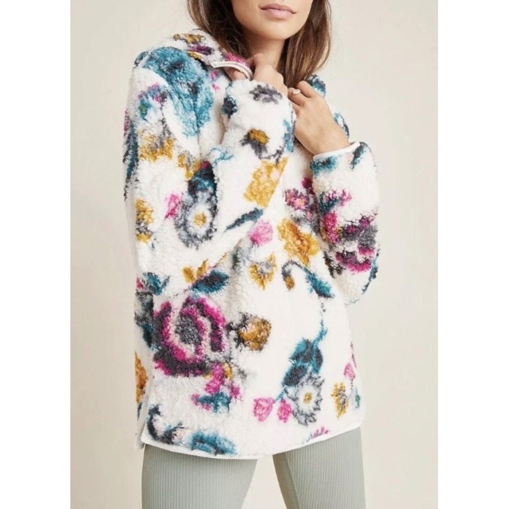 Anthropologie Rosemarie Hooded Sherpa Jacket Teddy Floral Half Zip Size S Cozy